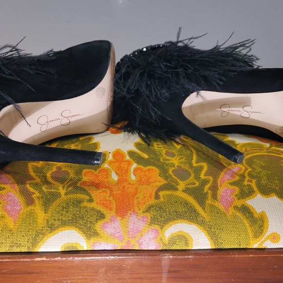 Jessica Simpson Black Suede Ostrich Feather Ankle Boots Size 8.5 Beaded - Picture 6 of 10